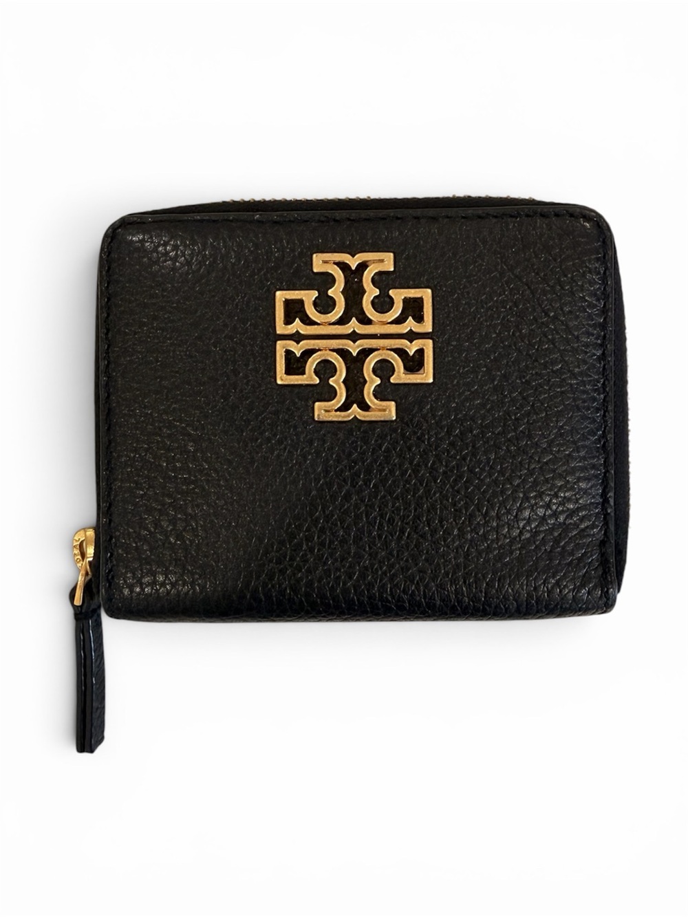 Tory Burch Black Pebbled Leather Zip Wallet with Gold Logo